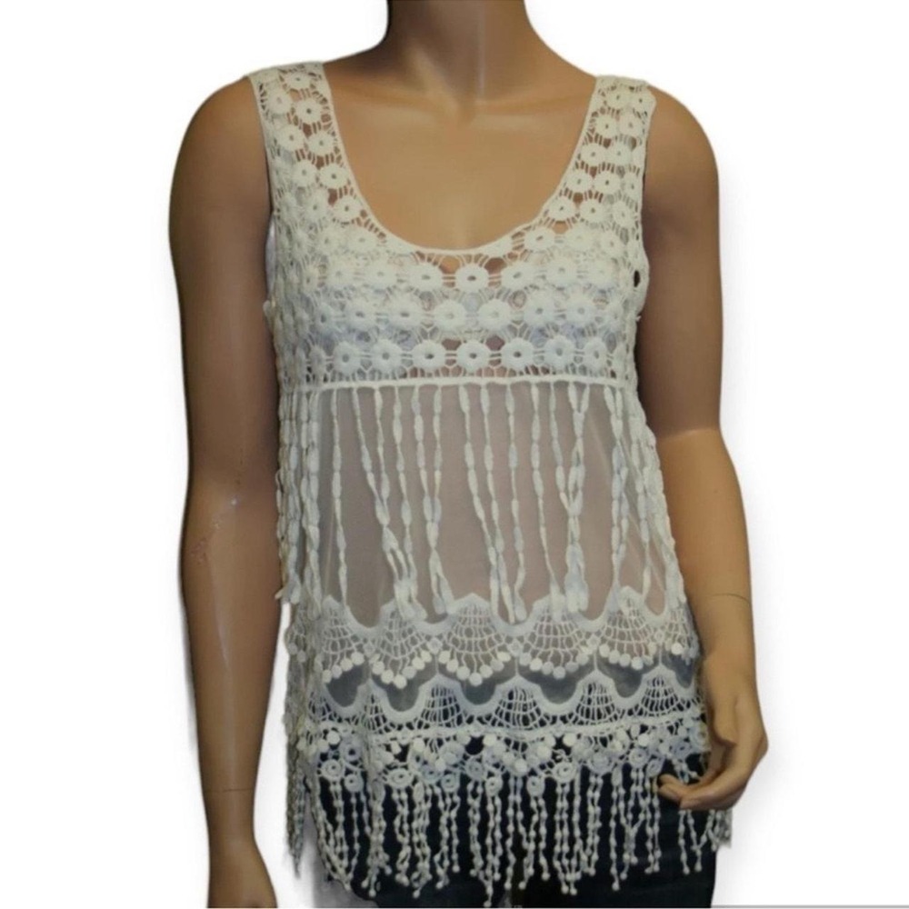 Crystal K Boho Crochet Mesh Sheer Fringe Top M